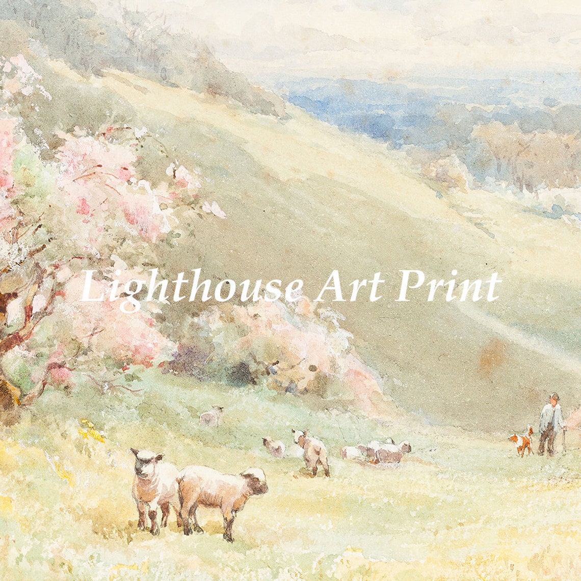 Spring Hillside Blossom Trees Sheep Watercolor Landscape Poster - Image 5