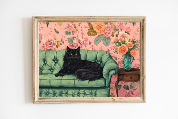 Black Cat on a Green Sofa Whimsical Floral Maximalist Art Print