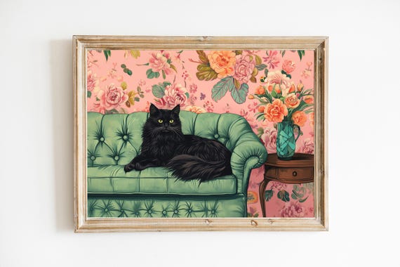 Black Cat On Green Sofa Maximalist Art Print Cute Quirky Whimsical Cocktail Bar Cart Decor Fine Gift Trendy Home Wall