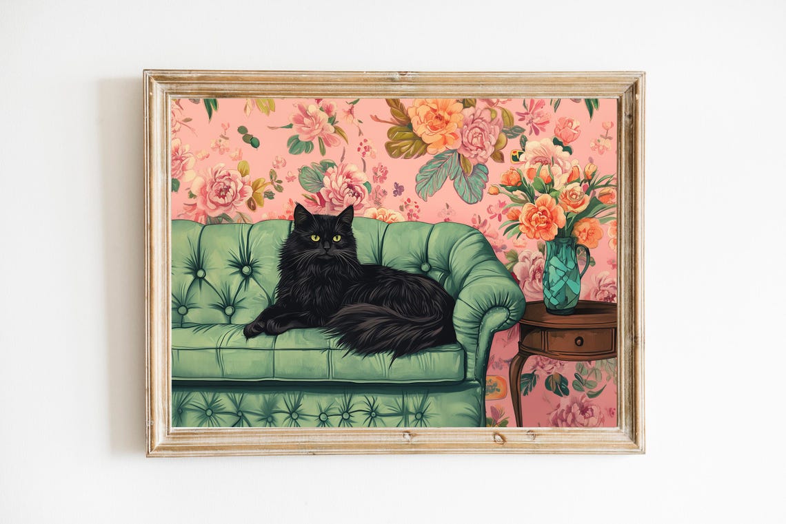 Black Cat on a Green Sofa Whimsical Floral Maximalist Art Print