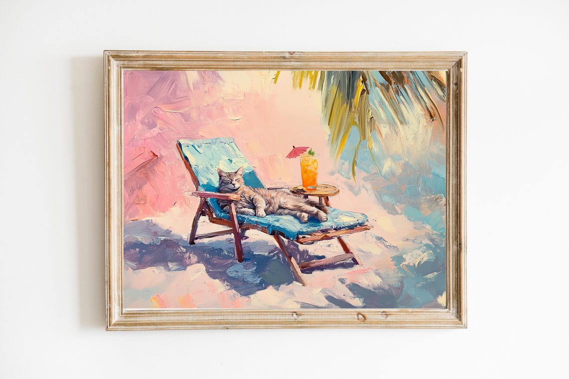 Tabby Cat Lounging Poolside With Tiki Cocktail Funny Beach Art Poster
