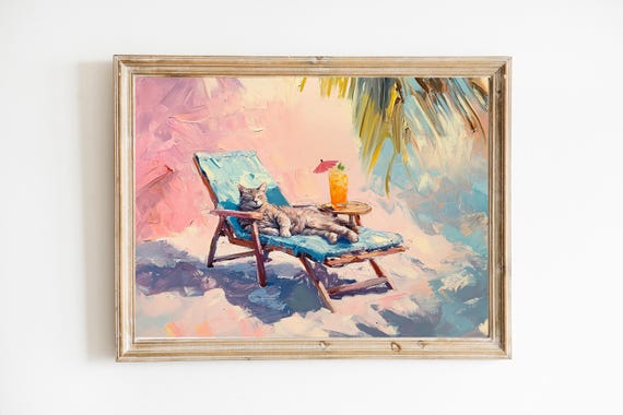 Tabby Cat Lounging Poolside With Tiki Cocktail Art Print Cute Quirky Whimsical Bar Cart Decor Fine Gift