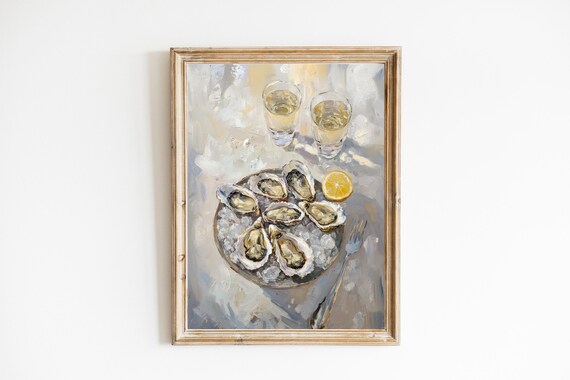 Oysters on Ice with Two White Wine Glasses Coastal Art Poster