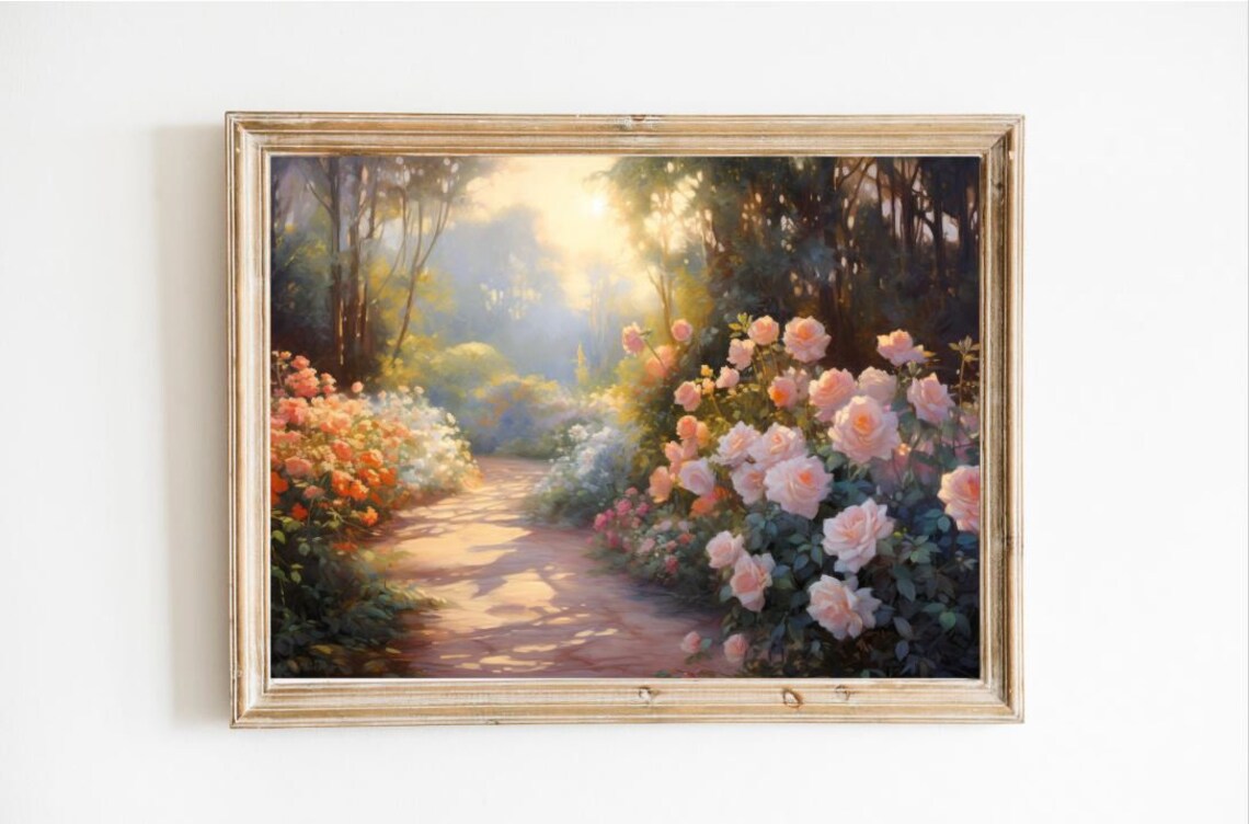 Dreamy Sunlit English Rose Garden Path Floral Painting Poster