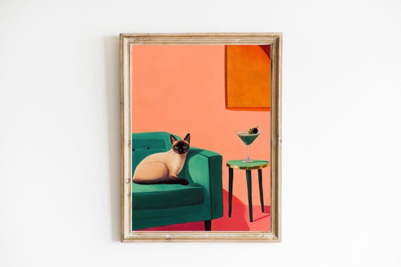 Midcentury Modern Siamese Cat With Cute Quirky Whimsical Cocktail Art Bar Cart Decor Oil Painting Fine Print Gift