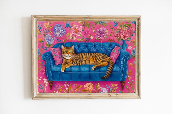 Floral Tabby Cat On Blue Sofa Art Print Cute Quirky Whimsical Cocktail Bar Cart Decor Fine Trendy Home Wall Gift