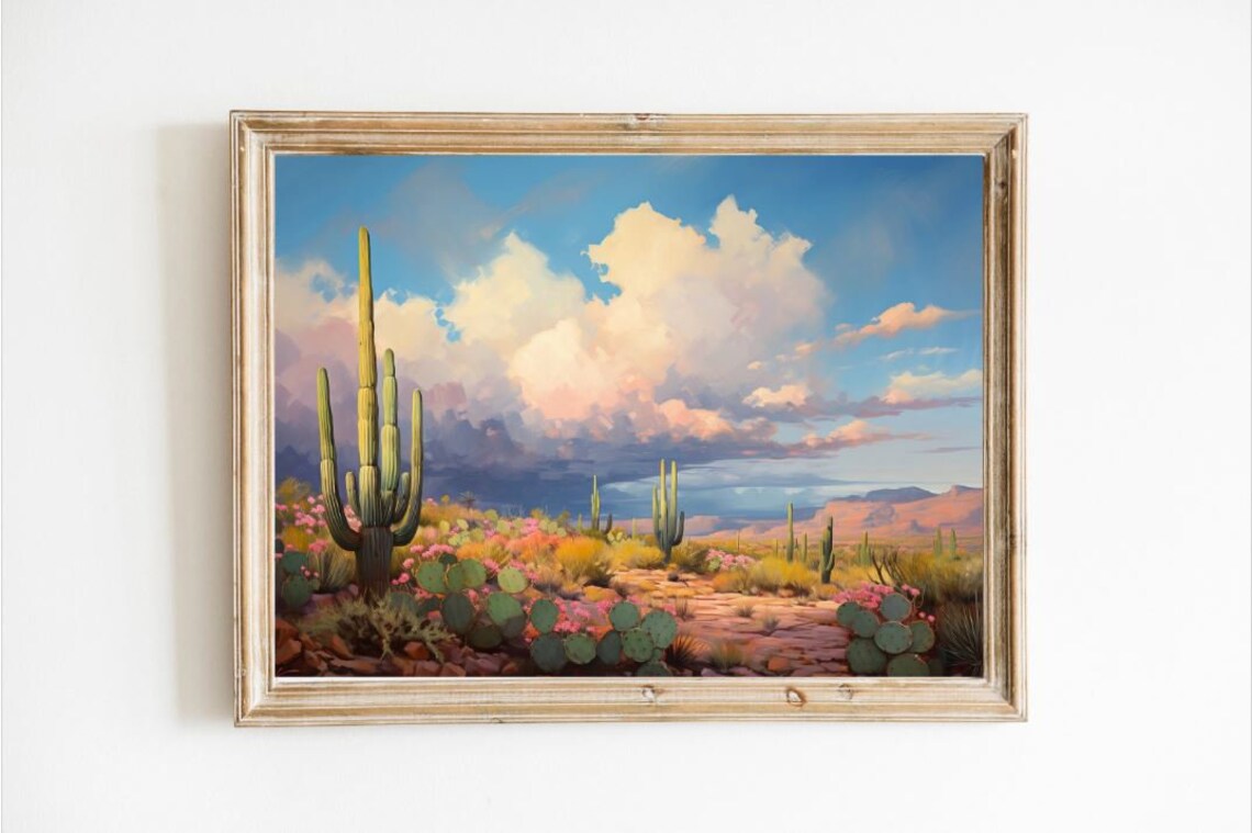 Western Desert Cactus Oil Painting Poster With Pink Wildflowers