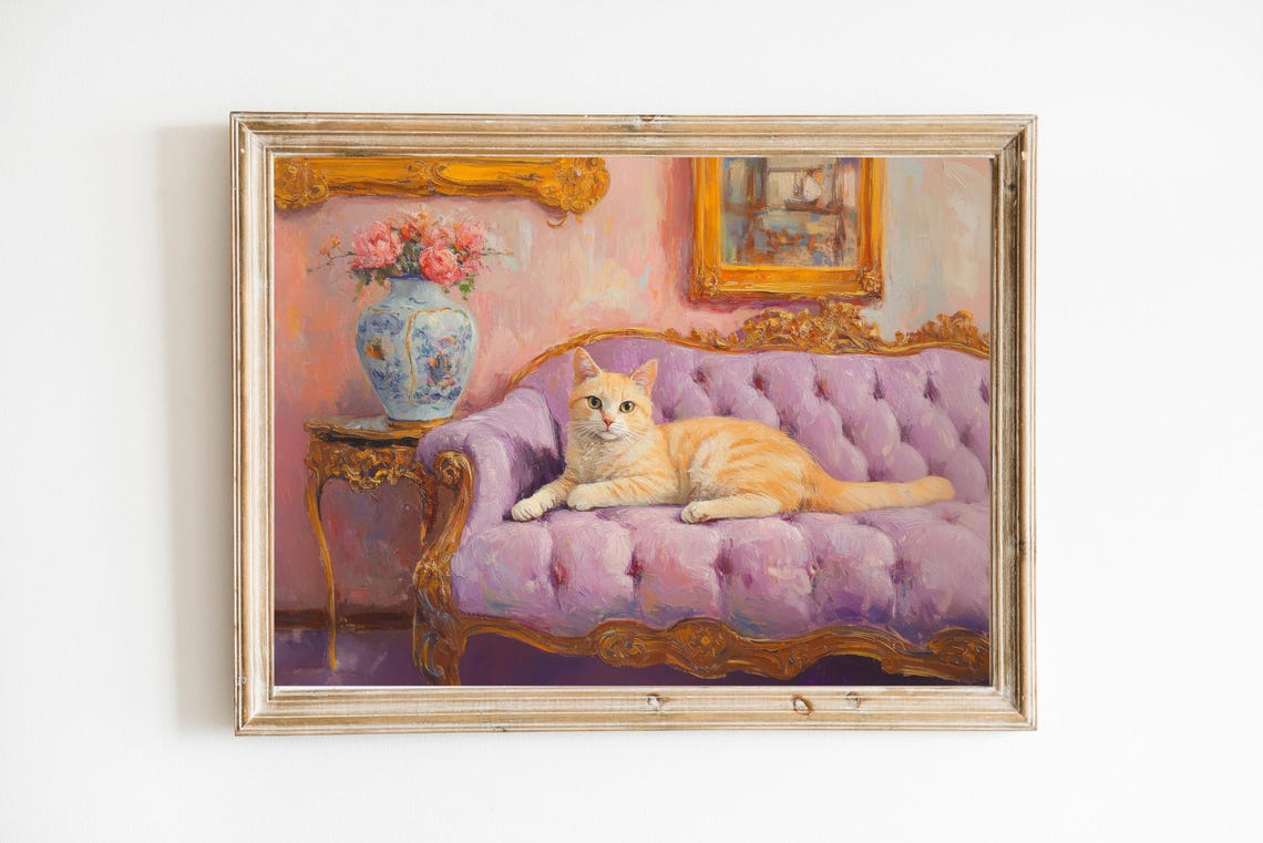 Ginger Cat Resting On Victorian Purple Gold Sofa Funny Art Poster