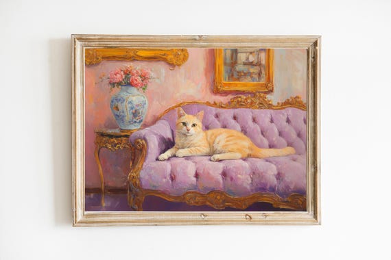 Ginger Cat On Victorian Purple And Gold Sofa Art Print Cute Quirky Whimsical Cocktail Bar Cart Gift Orange Wall