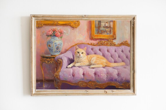 Ginger Cat Resting On Victorian Purple Gold Sofa Funny Art Poster