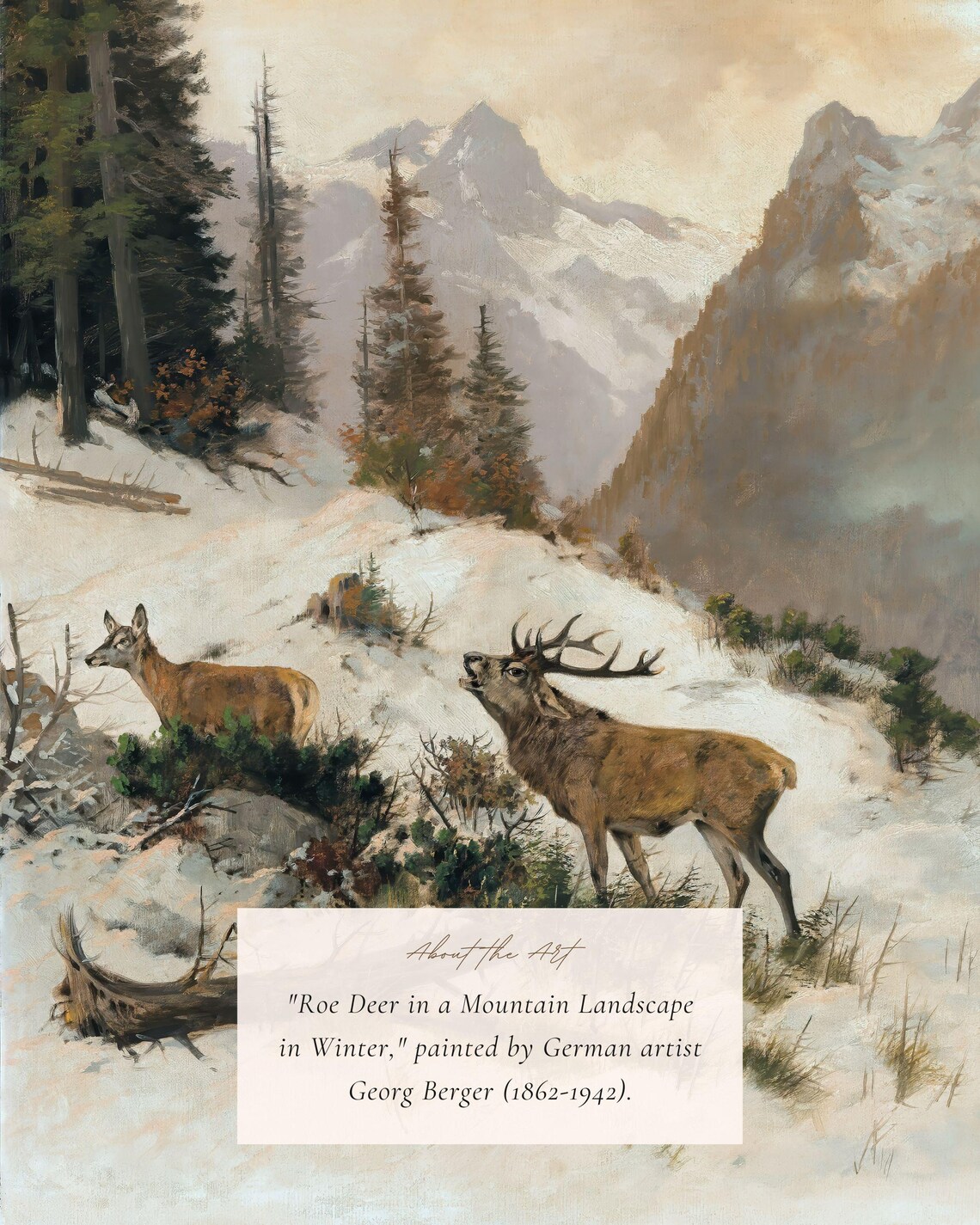 Roe Deer Winter Landscape, Vintage Christmas Art Print - Image 2