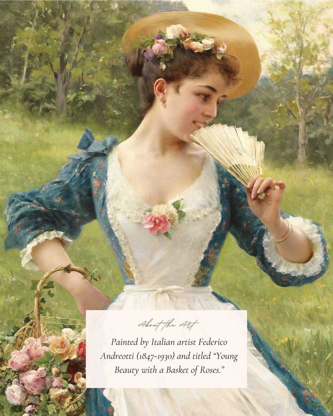 Woman With Basket of Roses Vintage Painting Print Cottagecore Wall Art - Image 2