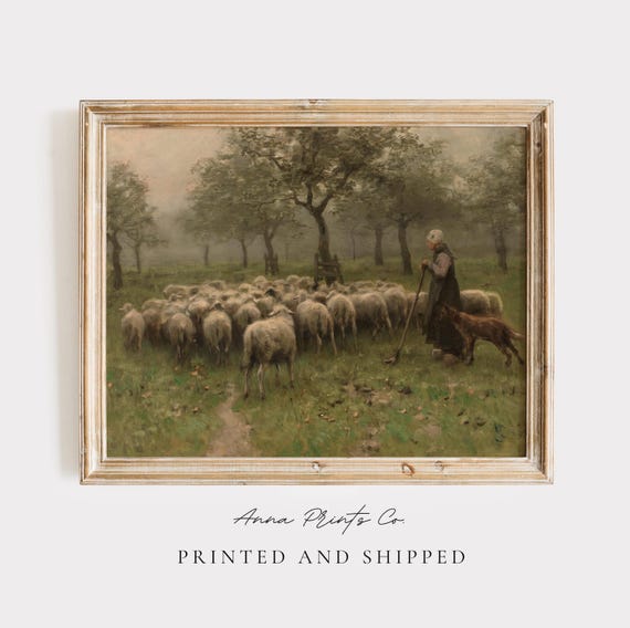 Shepherdess With Sheep Vintage Pastoral Art Print