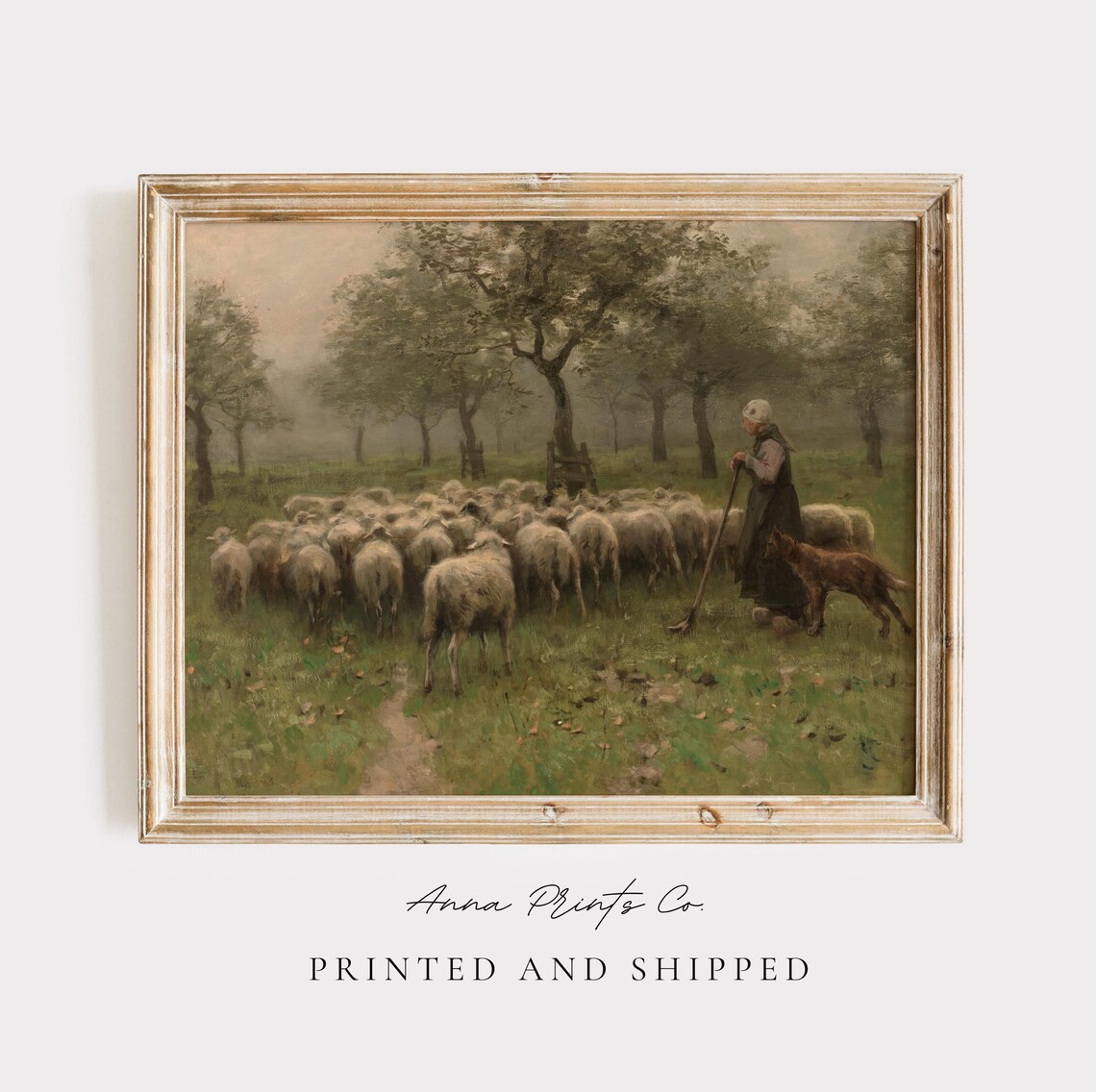 Shepherdess With Sheep Vintage Pastoral Art Print