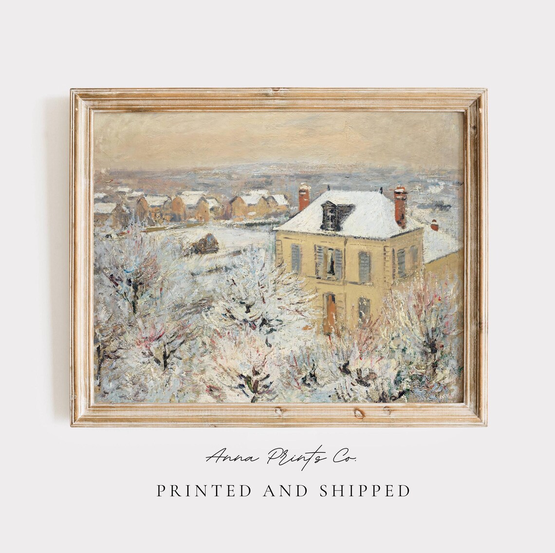 Antique Yellow House in Snowy Landscape, Vintage Art Print
