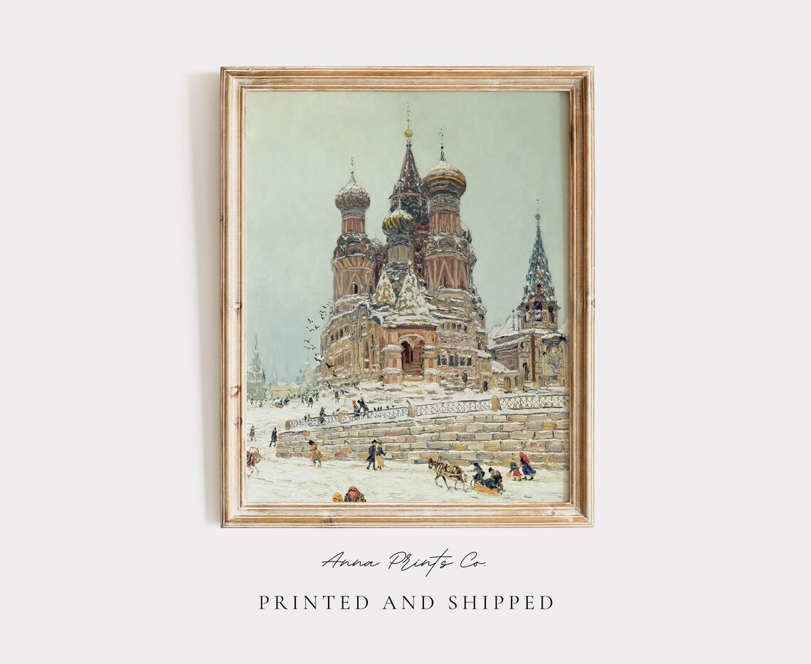 Vintage Church Of Saint Basil Winter Cityscape Art Print