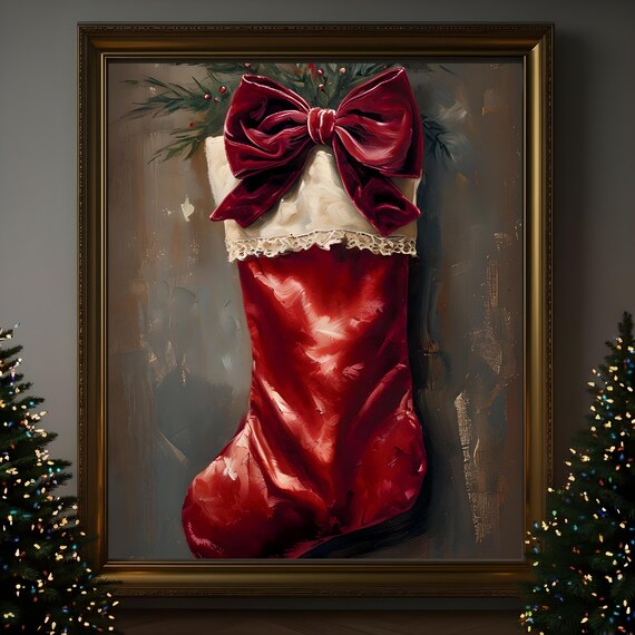 Vintage Red Christmas Stocking With Velvet Bow Holiday Painting Poster
