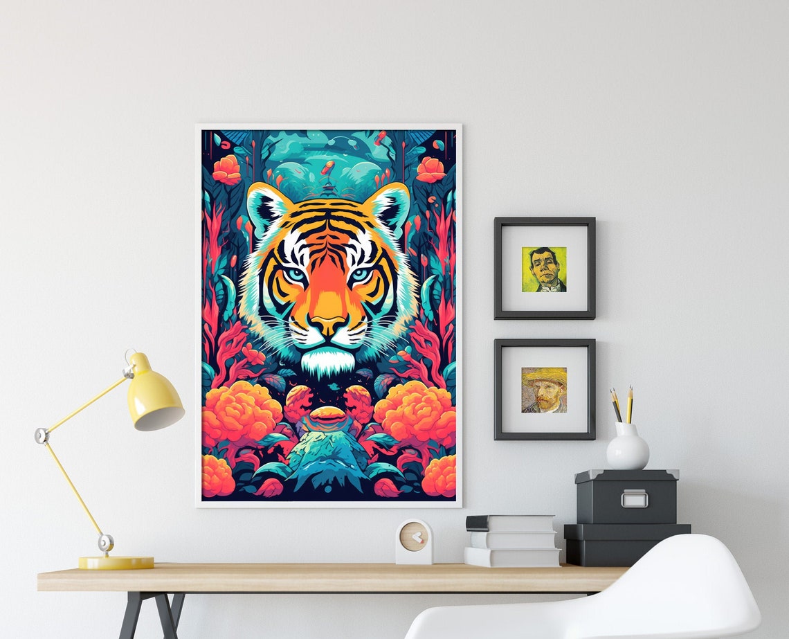 Psychedelic Tiger Face Among Wild Red Blooms Jungle Art Poster - Image 4
