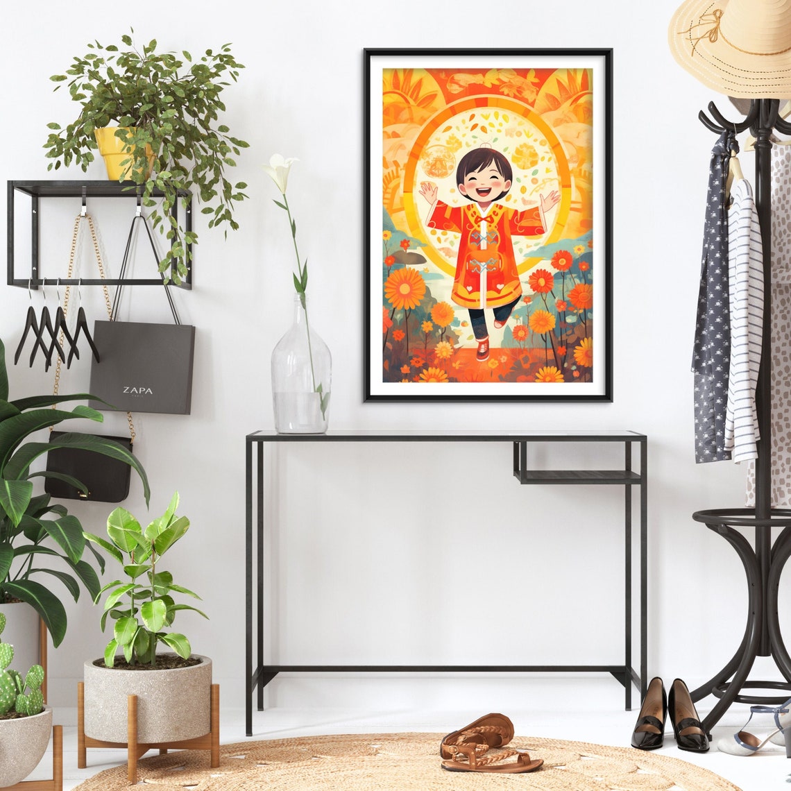 Smiling Chinese Boy in Red Festival Costume Among Sunflowers Poster - Image 2