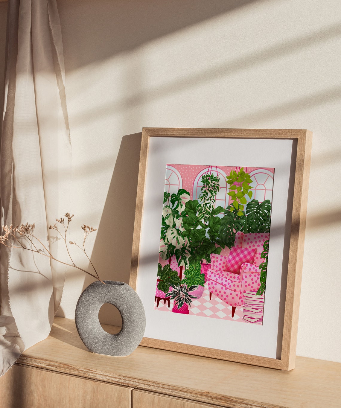 Pink Reading Room With Monstera Plants And Polka Dot Chair Art Poster - Image 2