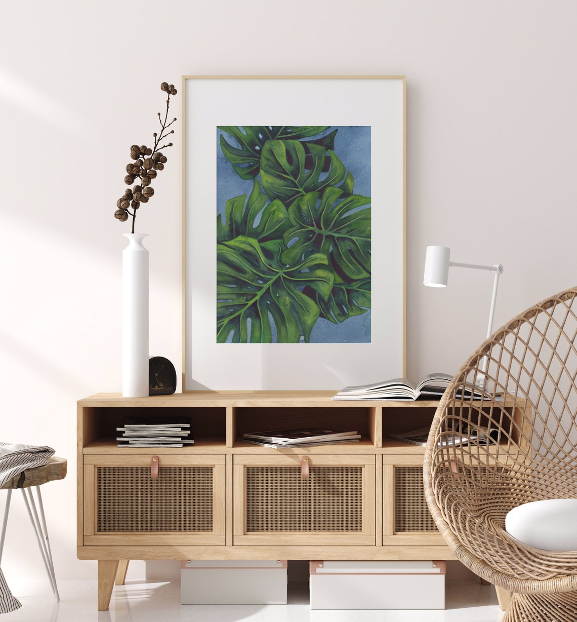 Monstera Deliciosa Leaves Watercolor on a Soft Blue Background Poster - Image 3