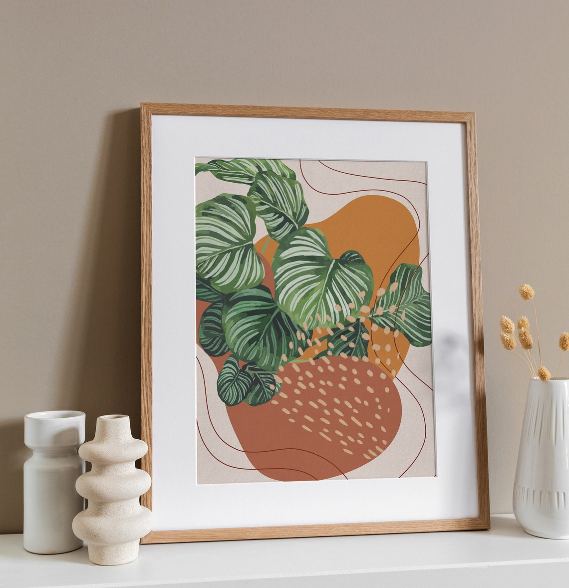 Striped Calathea Leaves Terracotta Dotted Abstract Boho Poster - Image 3
