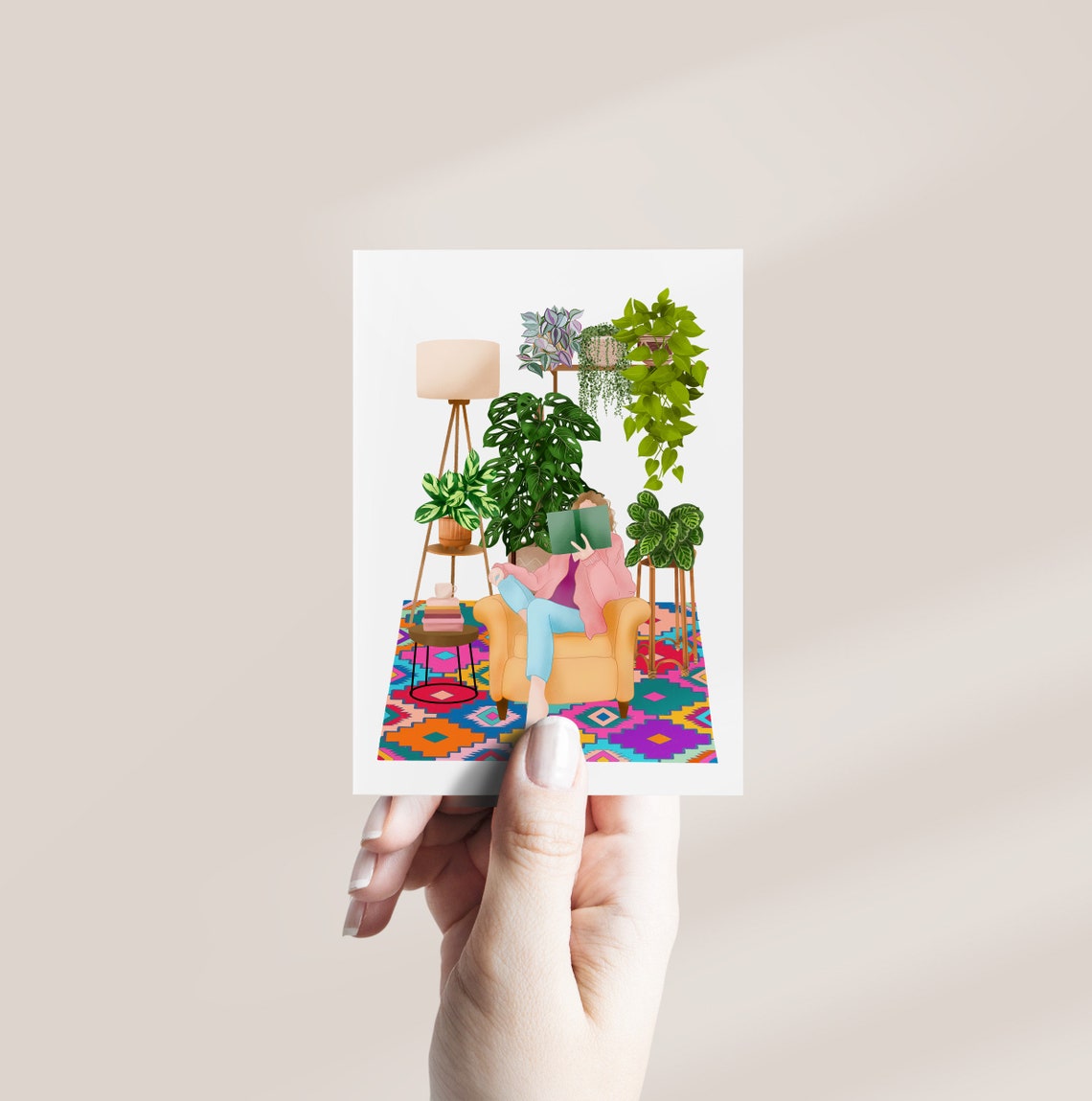 Woman Reading On Kilim Rug Print Cozy Houseplants Book Corner - Image 3