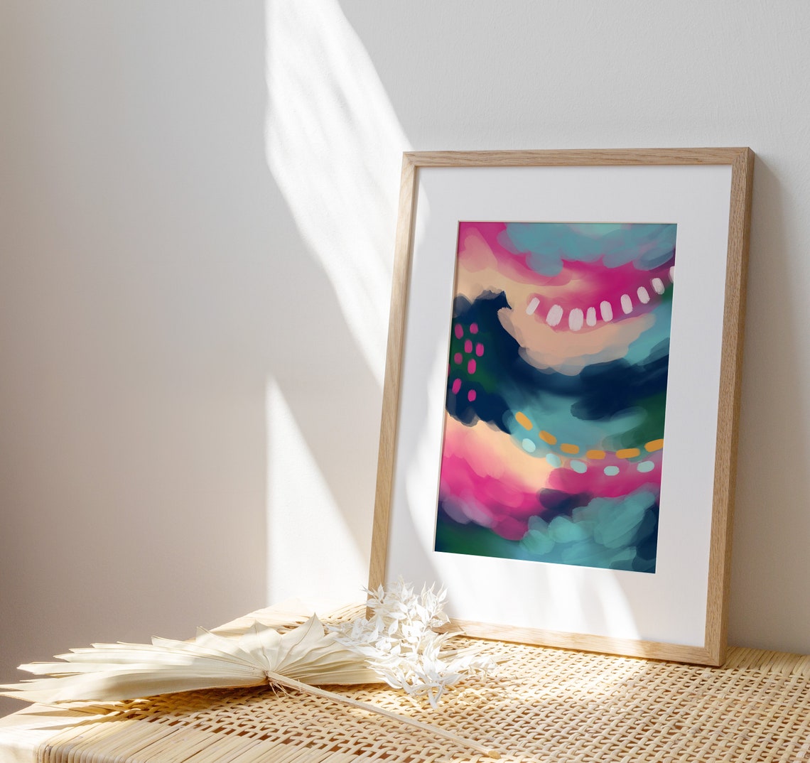 Navy Teal Pink Brushstroke Waves Colour Flow Abstract Poster - Image 2