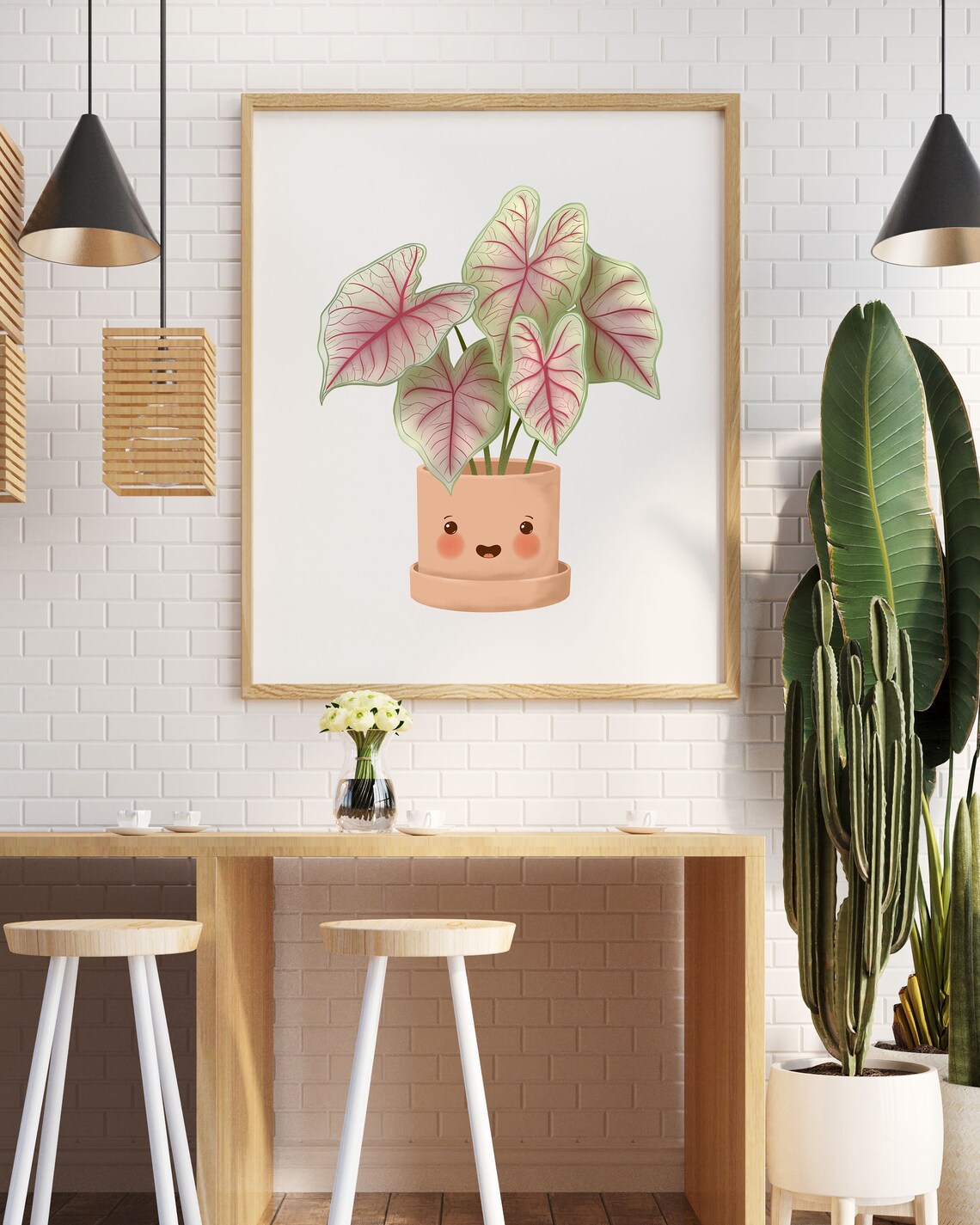 Pink Veined Caladium Beauty Cute Smiling Kawaii Plant Art Print - Image 2