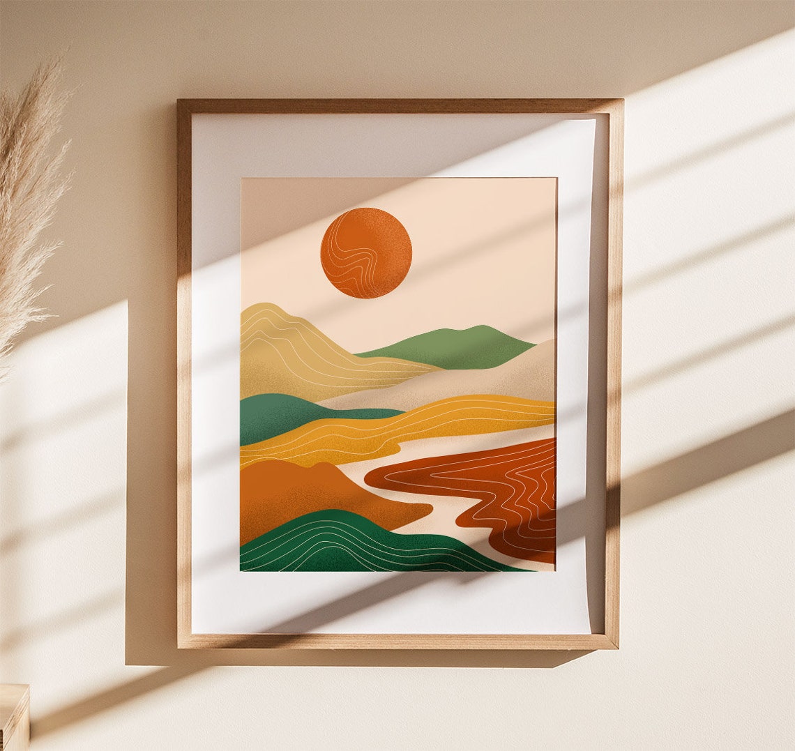 Abstract Mountain Poster Mid Century Modern Boho Prints Sunshine Art Prints Earth Toned Art Print Bohemian Landscape