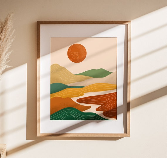 Abstract Mountain Poster Mid Century Modern Boho Prints Sunshine Art Prints Earth Toned Art Print Bohemian Landscape