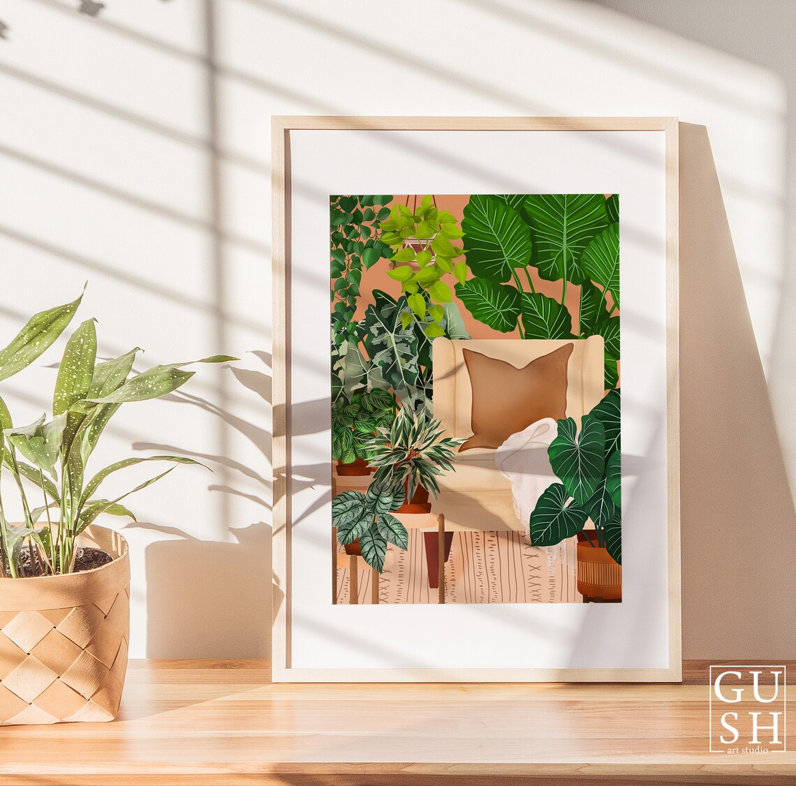 Cozy Armchair with a Brown Cushion Among Giant Tropical Leaves Poster - Image 3