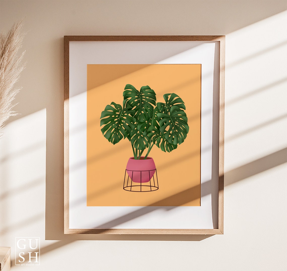 Monstera Deliciosa Print Pink Pot Wire Stand Mustard Background