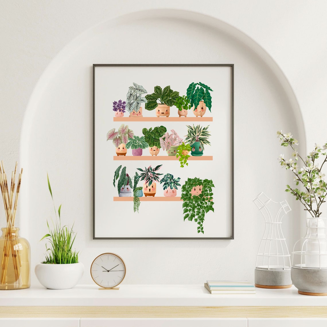 Twelve Cute Smiling Plants On Shelves Botanical Illustration Poster - Image 2