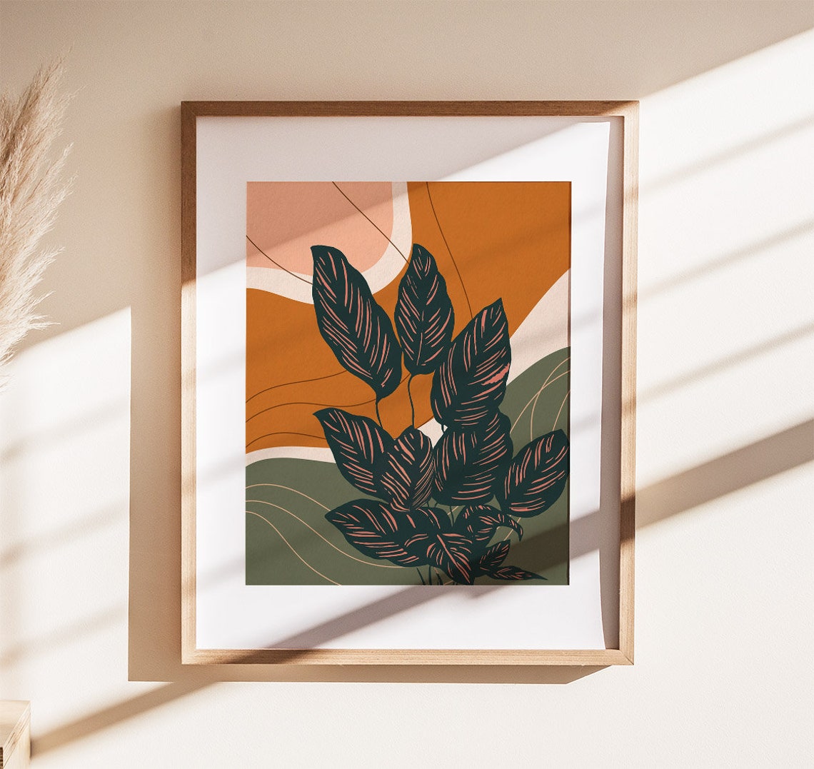 Pinstripe Calathea Leaves Terracotta Modern Abstract Style Poster
