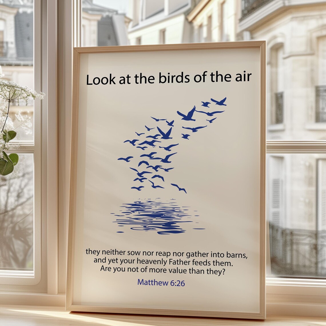 Navy Bird Flock Over Water Matthew 6 Verse 26 Scripture Art Poster - Image 4