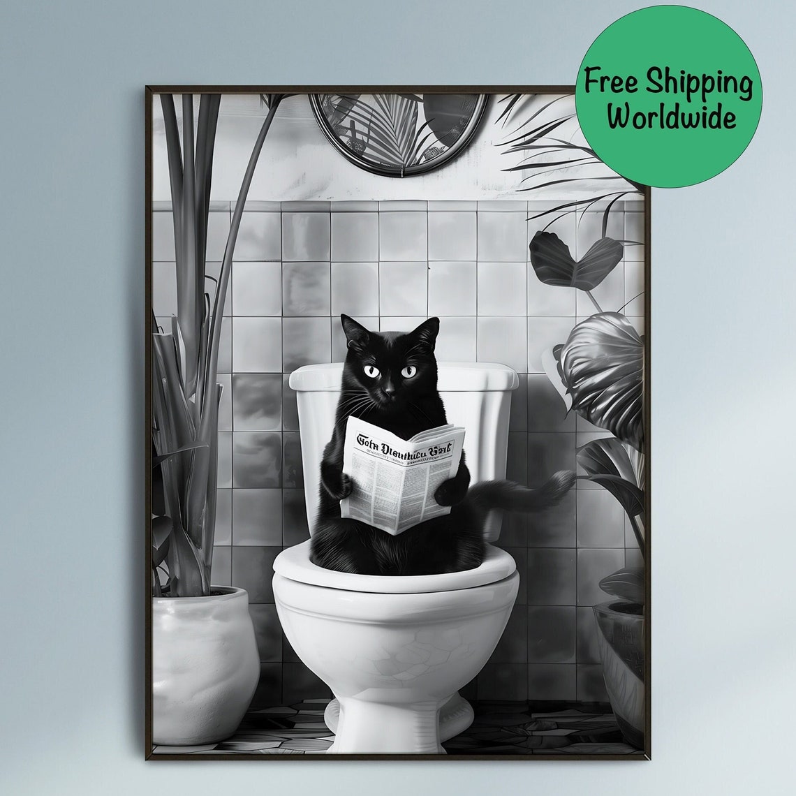 Black Cat Reading Newspaper Toilet Black White Bathroom Poster - Image 5