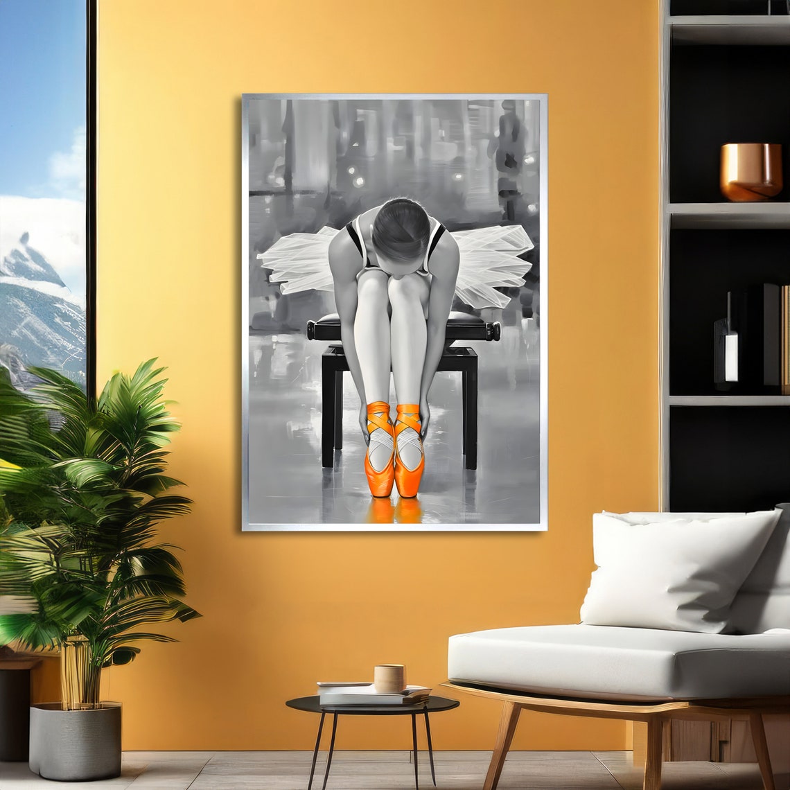 Ballerina Tying Orange Pointe Shoes Black and White Ballet Poster - Image 2