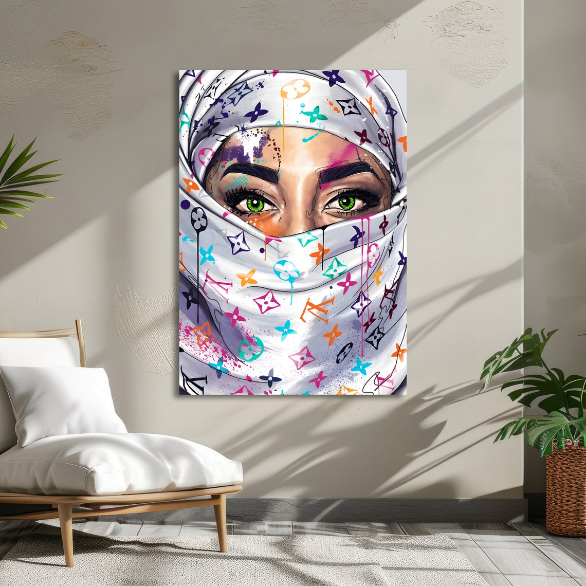 Woman in Colorful Patterned Hijab Vibrant Portrait Art Poster - Image 5