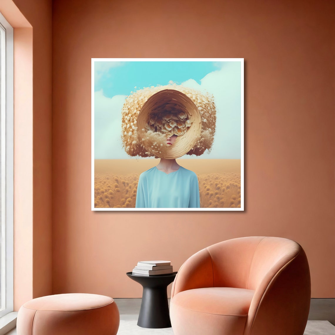 Straw Flower Hat Woman Wheat Field Surreal Portrait Art Poster - Image 6