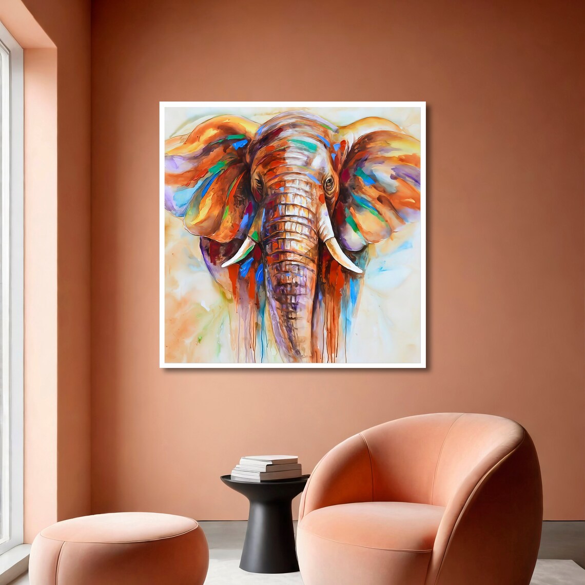Majestic Front-Facing Elephant Head With Colorful Paint Drip Art Poster - Image 6