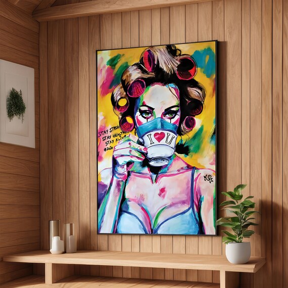 Quarantine Coffee Pandemic Pop Art Colorful Woman Portrait Inspirational Wall Art Ready To Hang