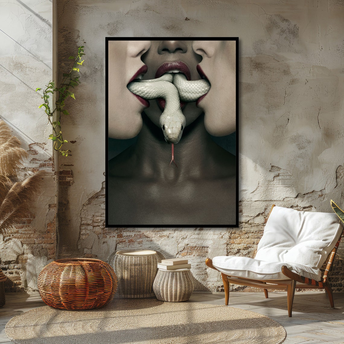 Sensual Close-Up Lips With a White Snake Surreal Erotic Art Poster - Image 4