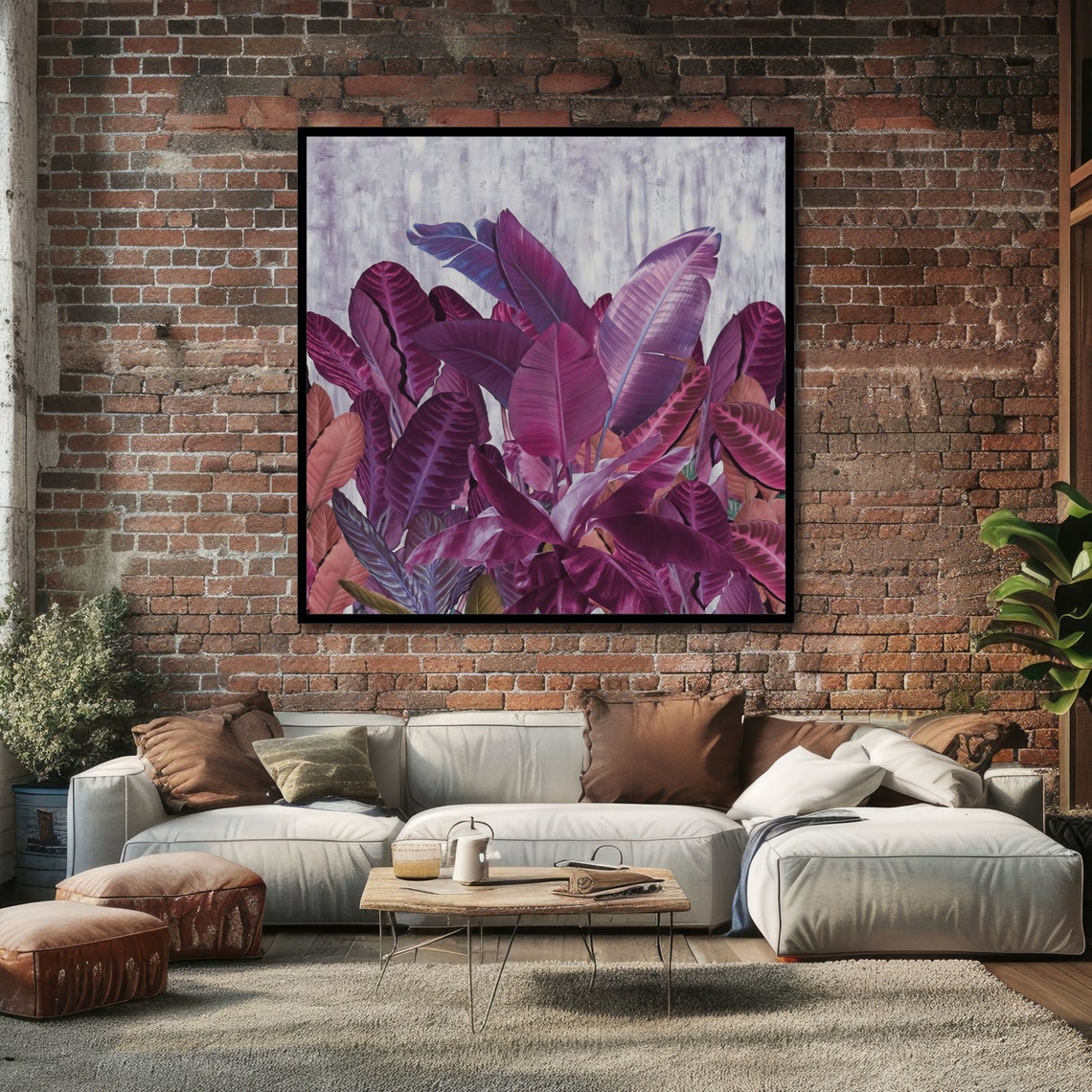 Lush Purple Banana Leaves Tropical Botanical Square Decor Poster - Image 4