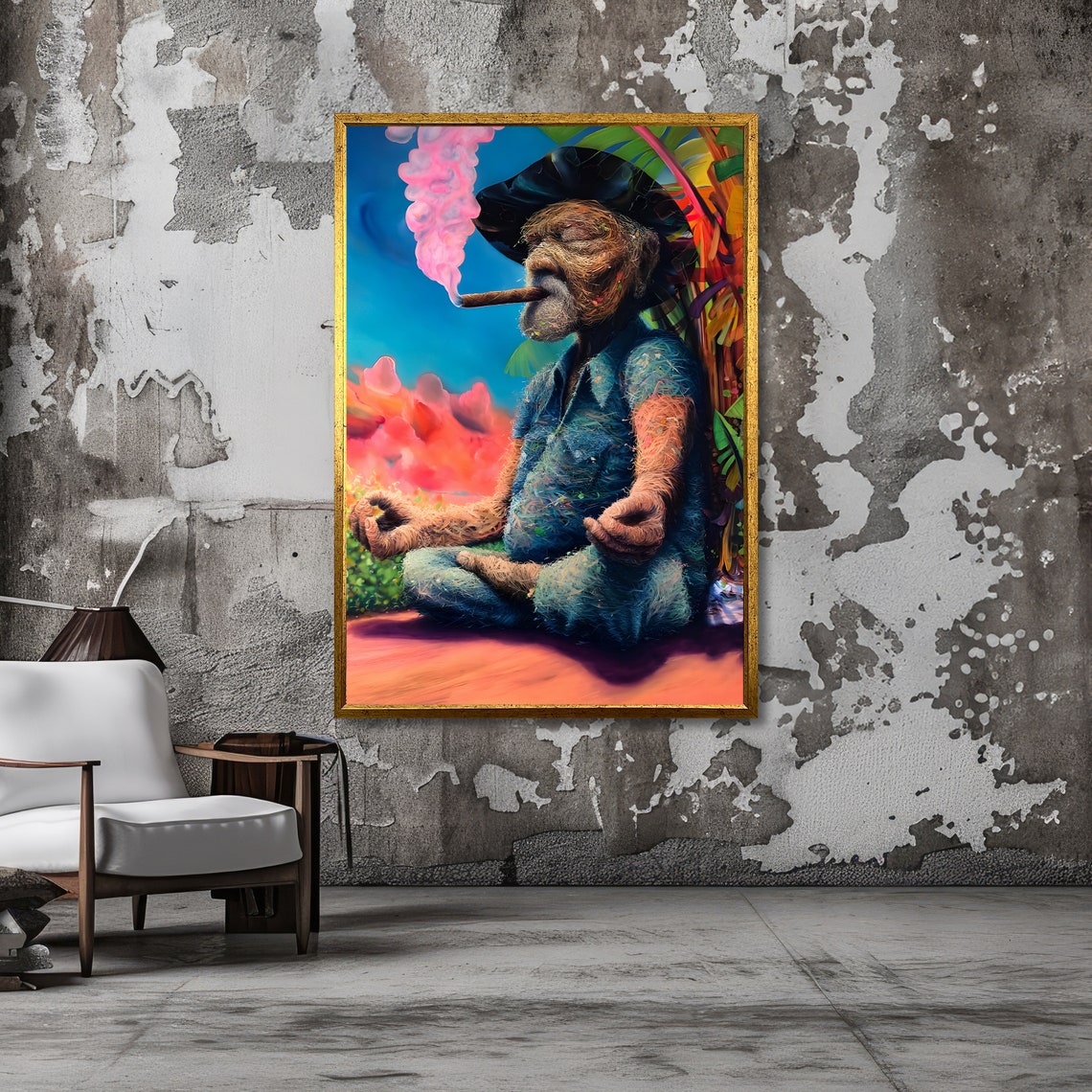 Tropical Grandpa Meditating with Cigar Colorful Zen Art Poster - Image 3