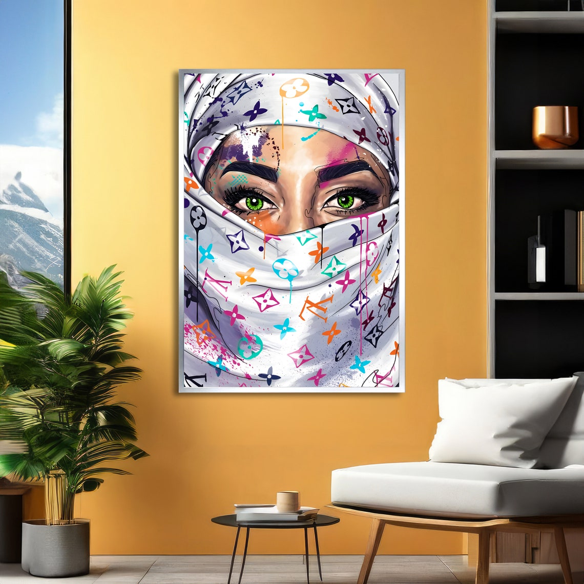 Woman in Colorful Patterned Hijab Vibrant Portrait Art Poster - Image 2