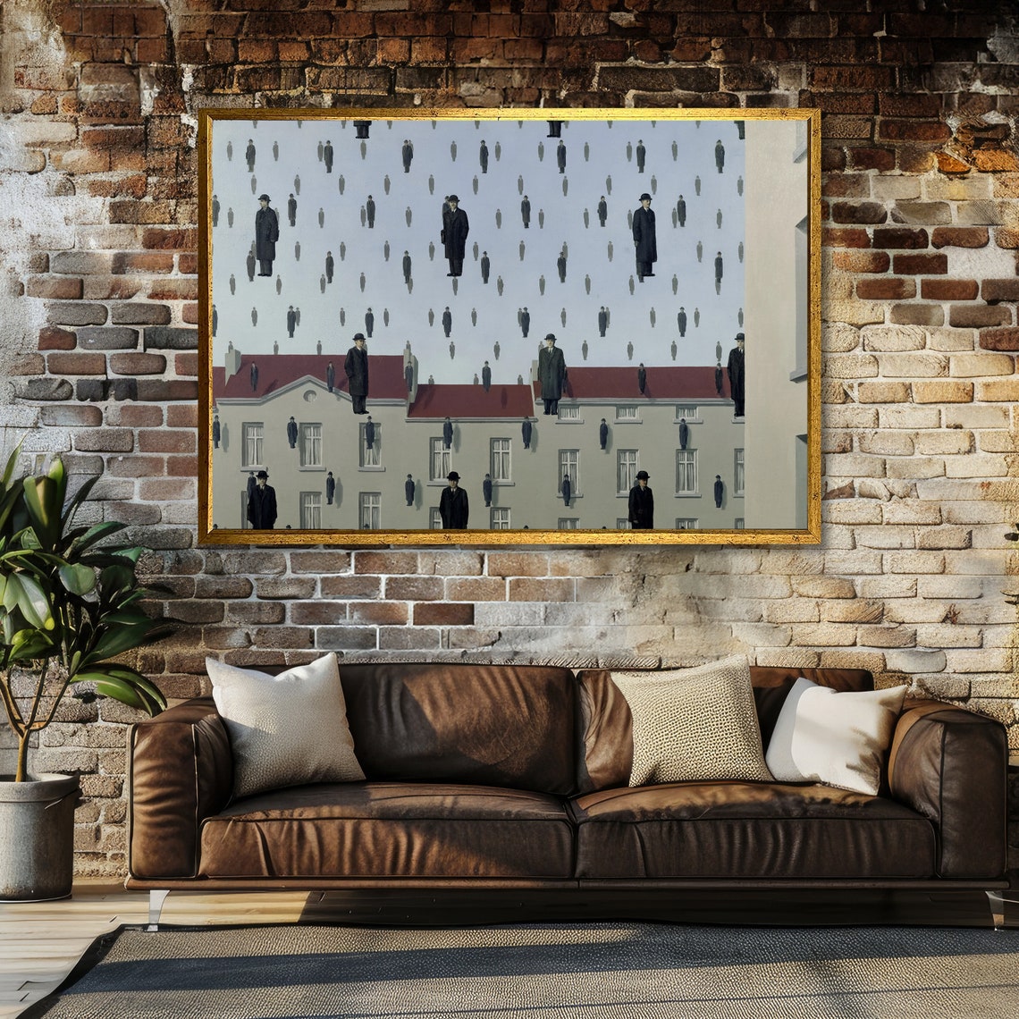 Magritte Golconda Men in Bowler Hats Raining Over Town Surreal Poster - Image 3