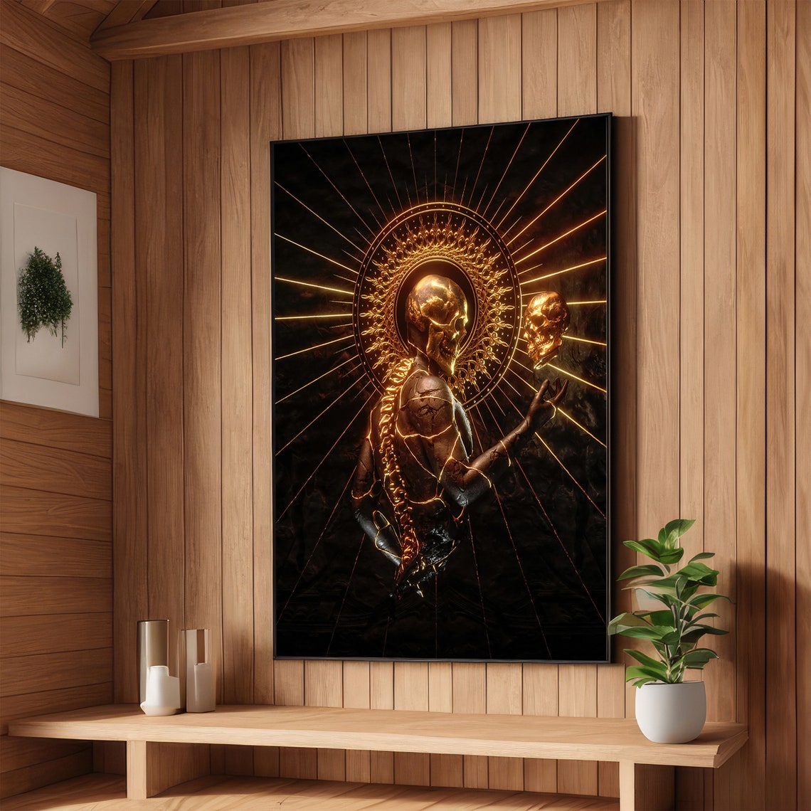 Radiant Golden Skeleton King Art Illuminated Skull Sculpture Surreal Gothic Wall Art Ready To Hang