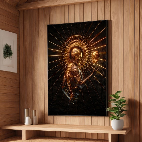 Radiant Golden Skeleton King Art Illuminated Skull Sculpture Surreal Gothic Wall Art Ready To Hang