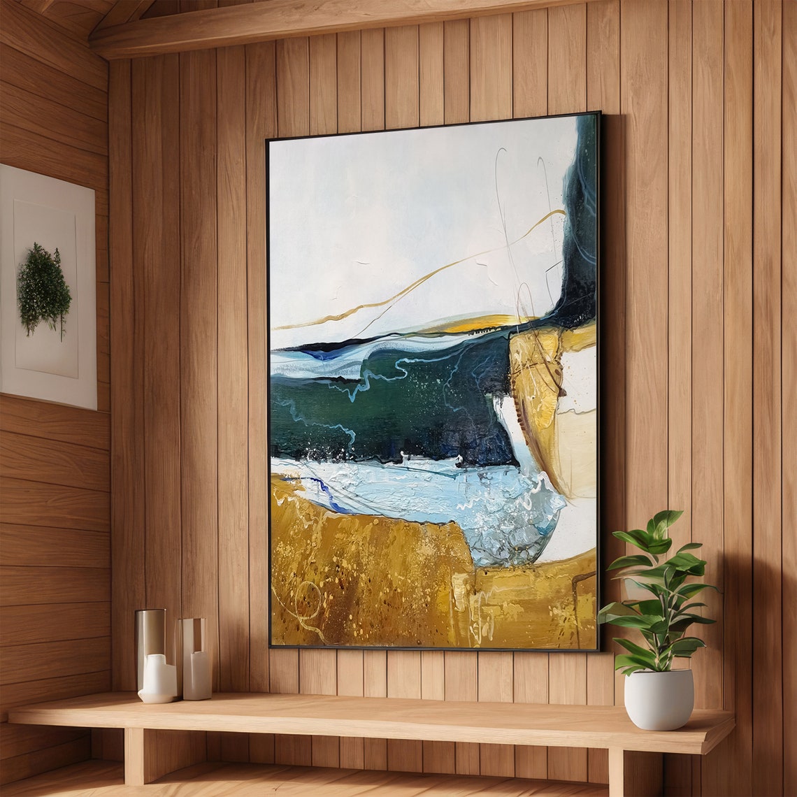 Abstract Coastal Ocean Waves Painting in Blue and Gold Tones Poster